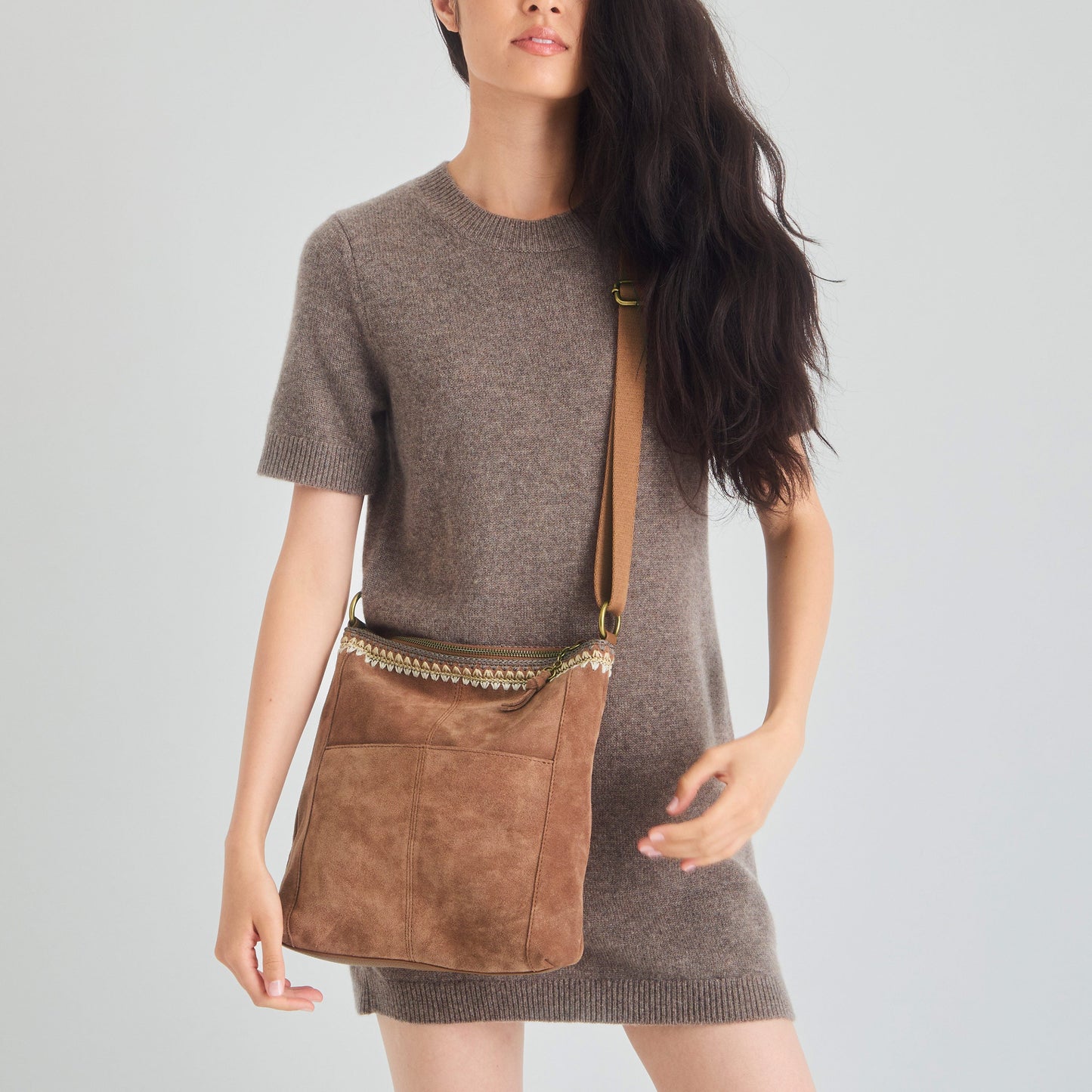 Lucia Crossbody - Leather - Tobacco Suede Blanket Stitch