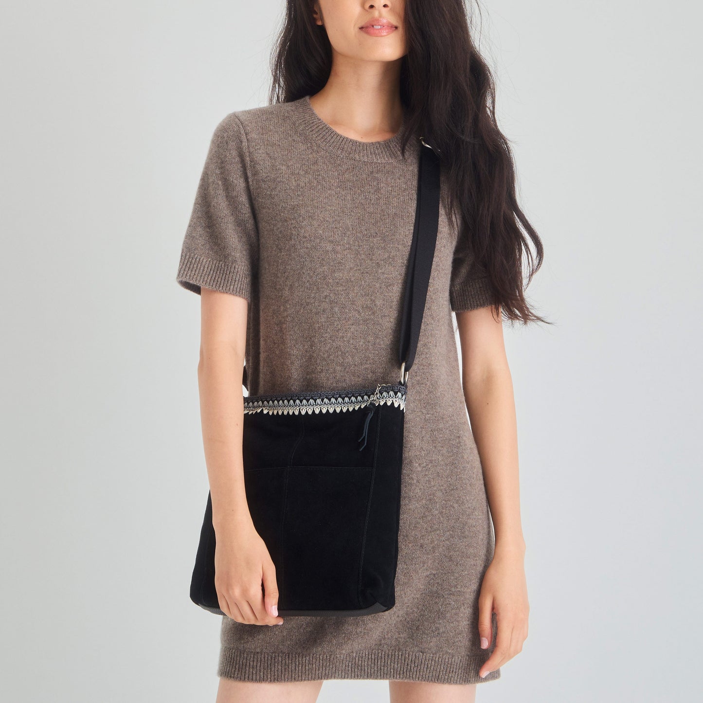 Lucia Crossbody - Leather - Black Suede Blanket Stitch